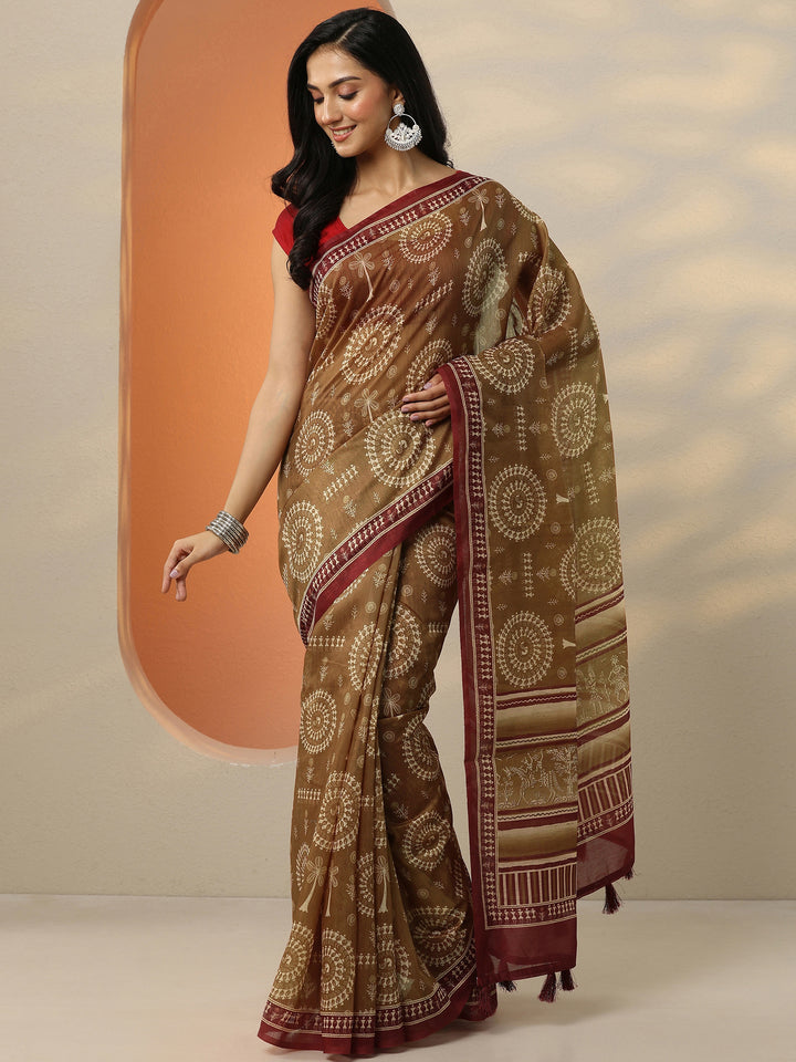 Mustard Printed Silk Blend Saree With Unstitched Blouse Piece