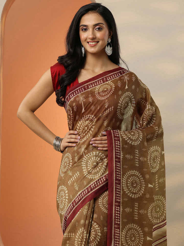 Mustard Printed Silk Blend Saree With Unstitched Blouse Piece