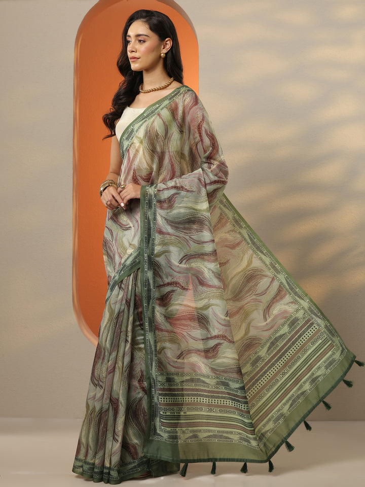 Green Printed Silk Blend Saree With Unstitched Blouse Piece