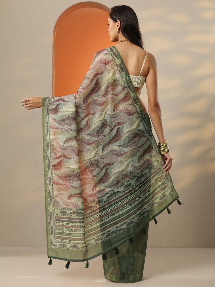 Green Printed Silk Blend Saree With Unstitched Blouse Piece