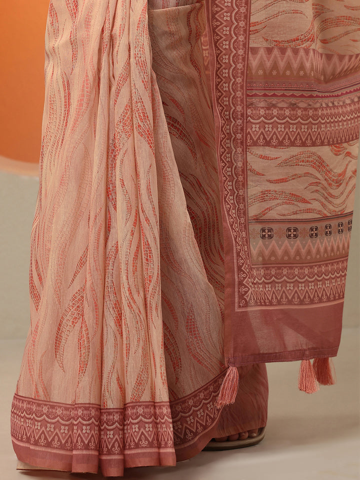 Coral Printed Silk Blend Saree With Unstitched Blouse Piece