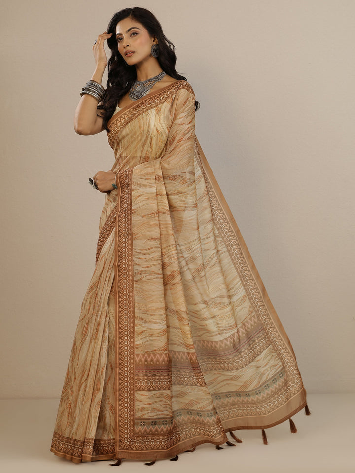 Orange Printed Silk Blend Saree With Unstitched Blouse Piece