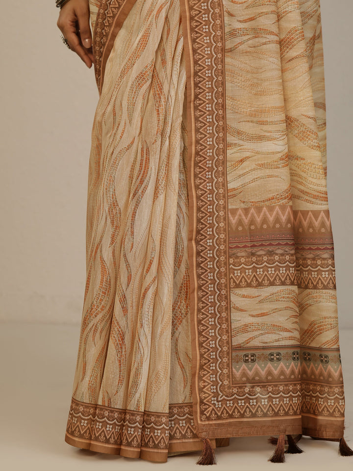 Orange Printed Silk Blend Saree With Unstitched Blouse Piece