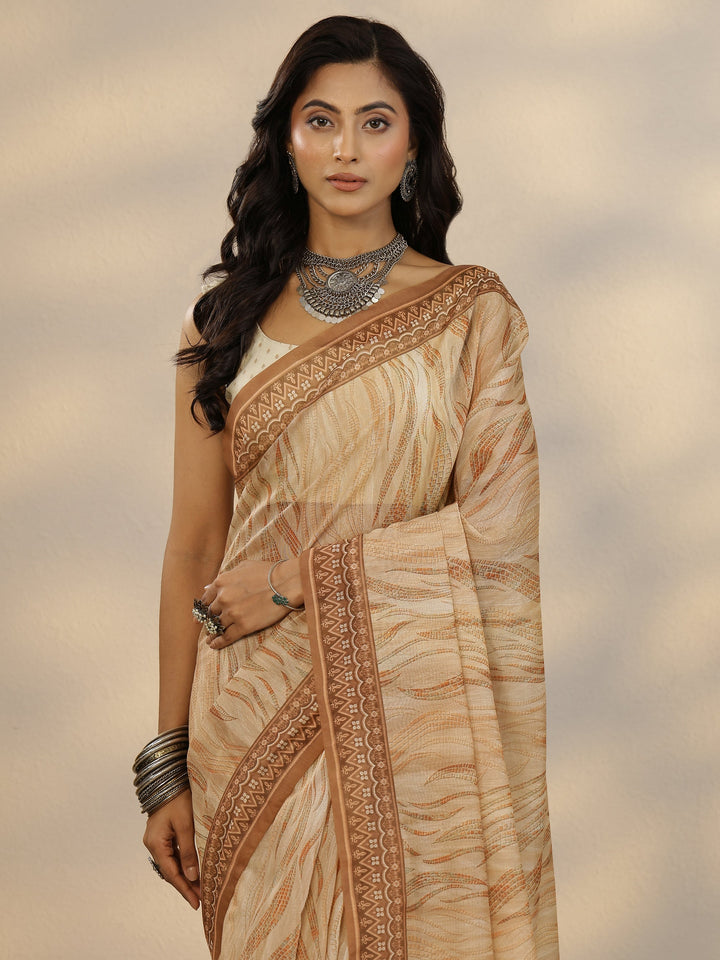 Orange Printed Silk Blend Saree With Unstitched Blouse Piece