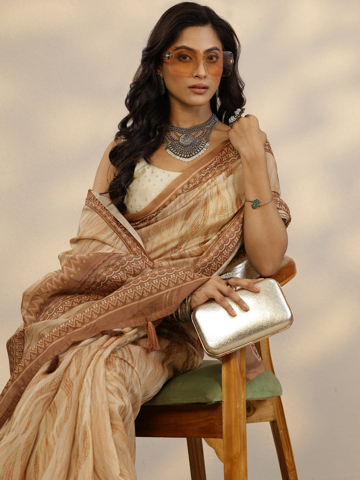 Orange Printed Silk Blend Saree With Unstitched Blouse Piece