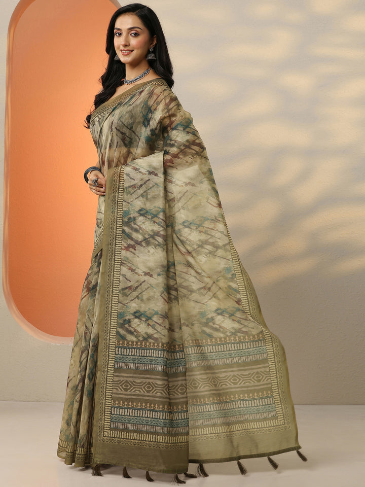 Beige Printed Silk Blend Saree With Unstitched Blouse Piece