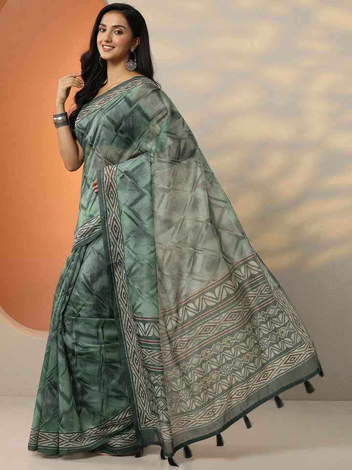 Green Printed Silk Blend Saree With Unstitched Blouse Piece
