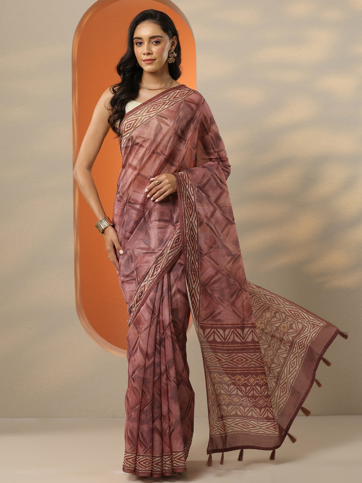 Pink Printed Silk Blend Saree With Unstitched Blouse Piece