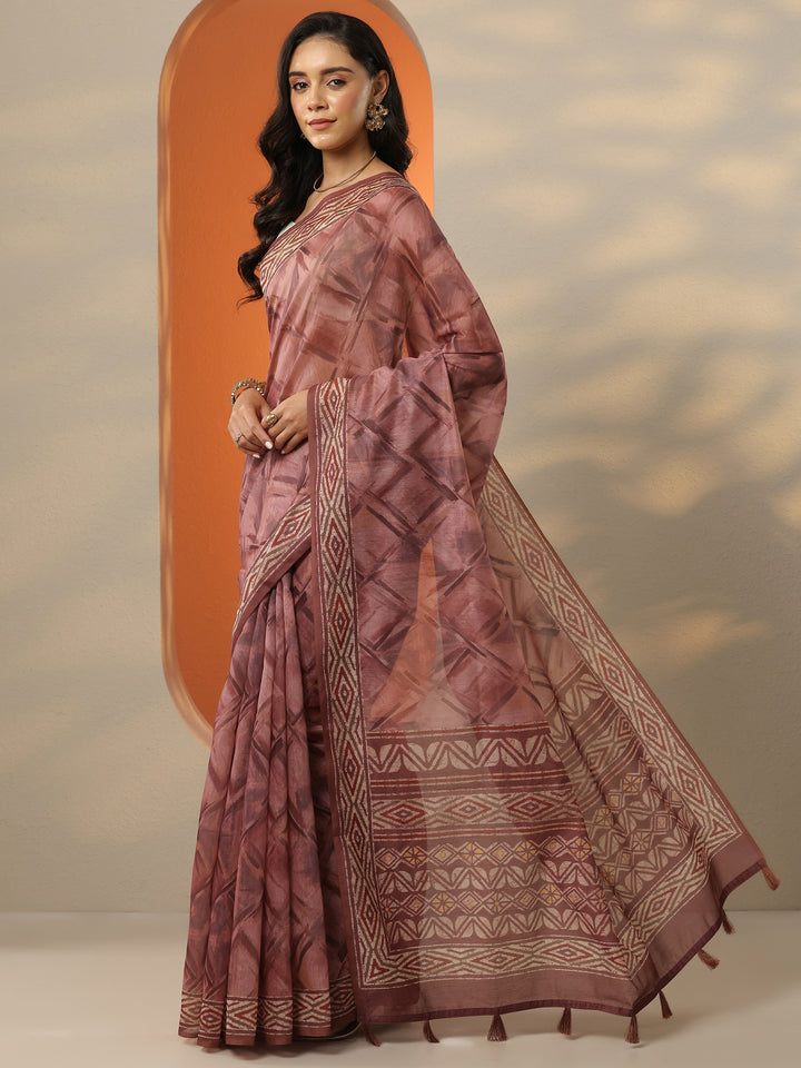Pink Printed Silk Blend Saree With Unstitched Blouse Piece