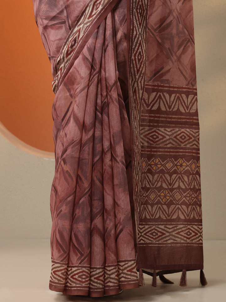 Pink Printed Silk Blend Saree With Unstitched Blouse Piece