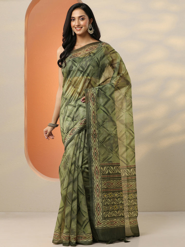 Green Printed Silk Blend Saree With Unstitched Blouse Piece