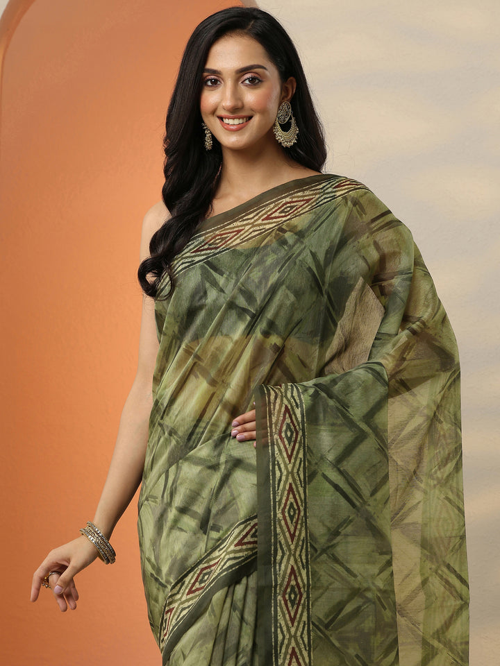 Green Printed Silk Blend Saree With Unstitched Blouse Piece