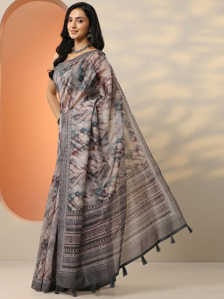 Black Printed Silk Blend Saree With Unstitched Blouse Piece