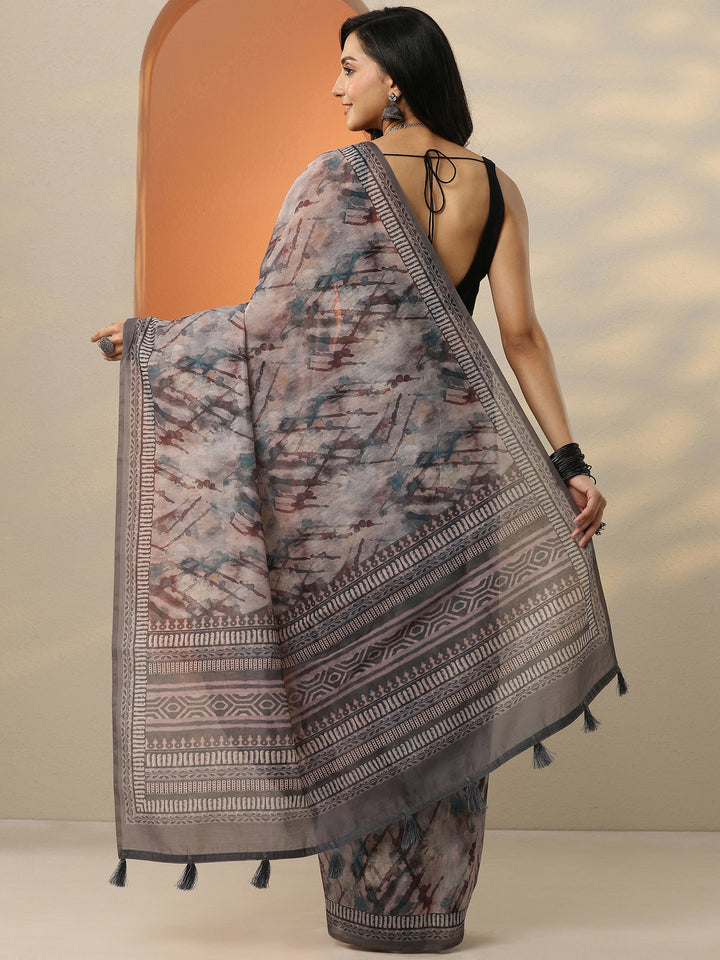 Black Printed Silk Blend Saree With Unstitched Blouse Piece