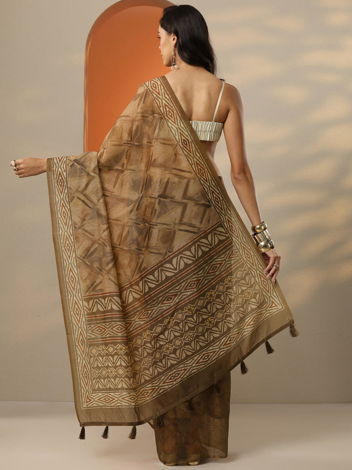 Brown Printed Silk Blend Saree With Unstitched Blouse Piece