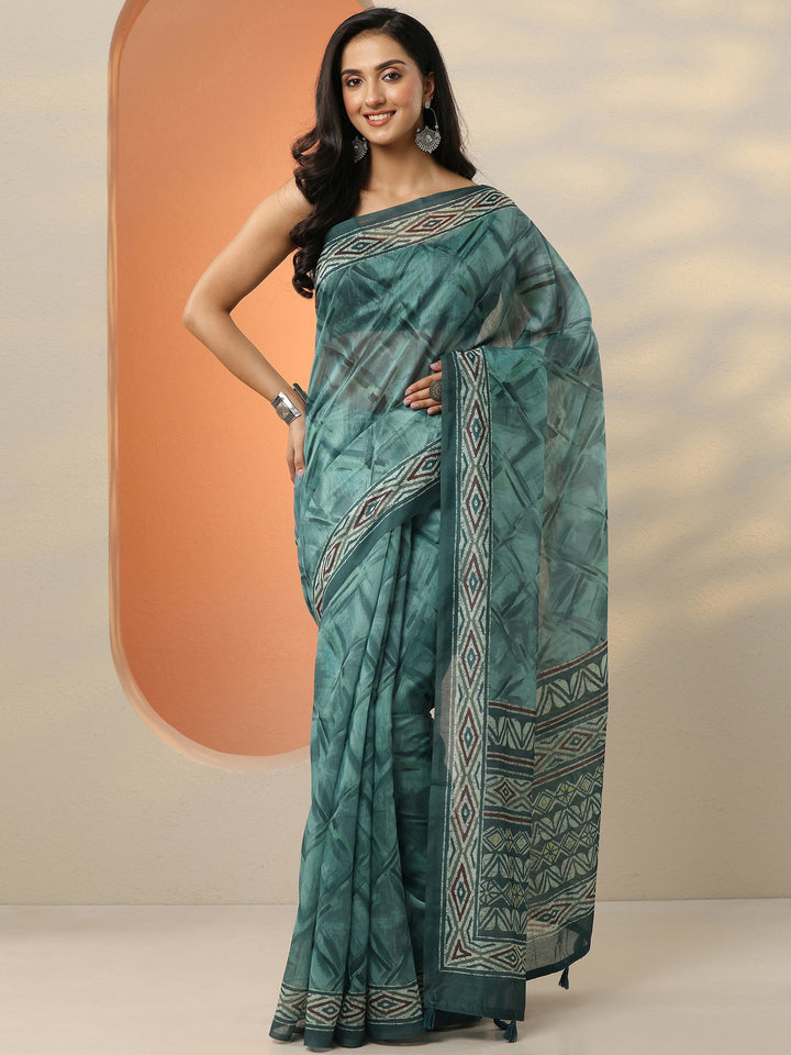 Green Printed Silk Blend Saree With Unstitched Blouse Piece
