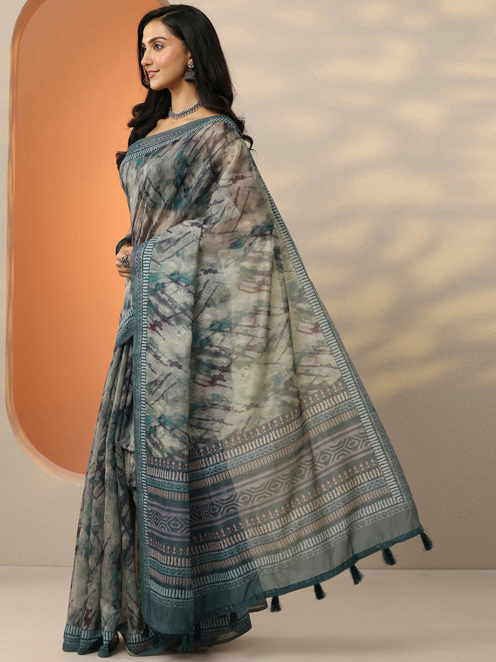 Blue Printed Silk Blend Saree With Unstitched Blouse Piece