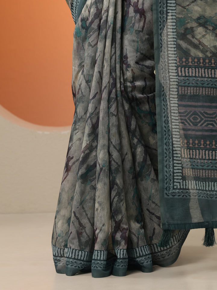 Blue Printed Silk Blend Saree With Unstitched Blouse Piece