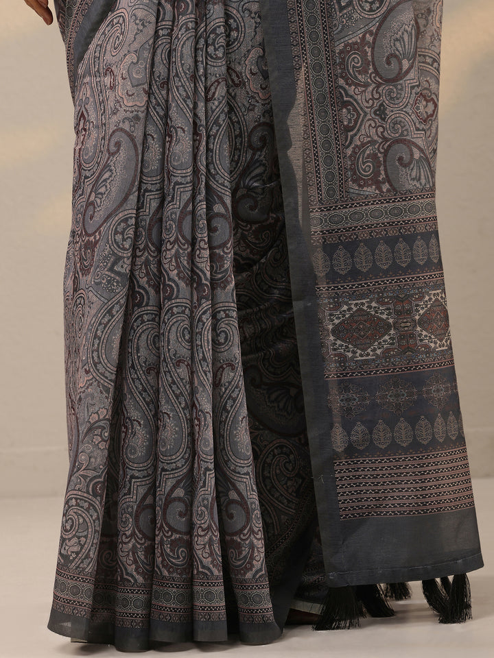 Grey Printed Silk Blend Saree With Unstitched Blouse Piece