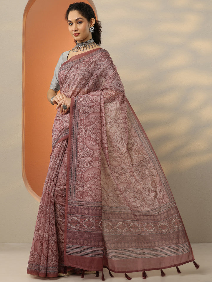 Pink Printed Silk Blend Saree With Unstitched Blouse Piece
