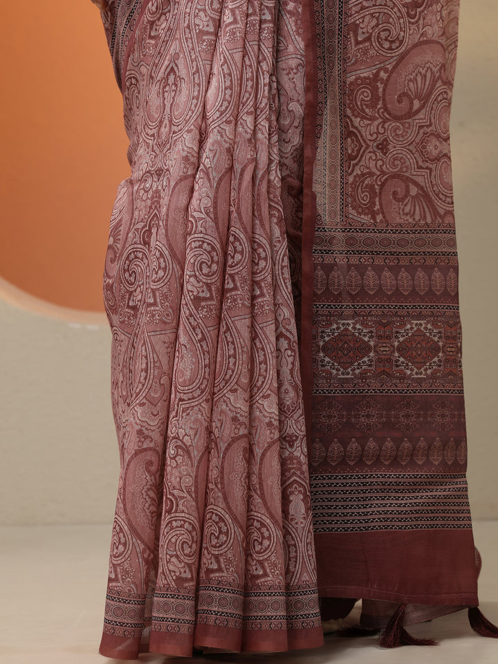 Pink Printed Silk Blend Saree With Unstitched Blouse Piece