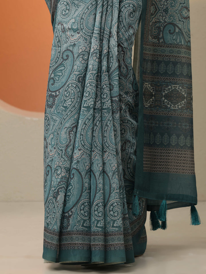 Green Printed Silk Blend Saree With Unstitched Blouse Piece