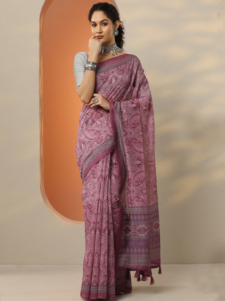 Pink Printed Silk Blend Saree With Unstitched Blouse Piece