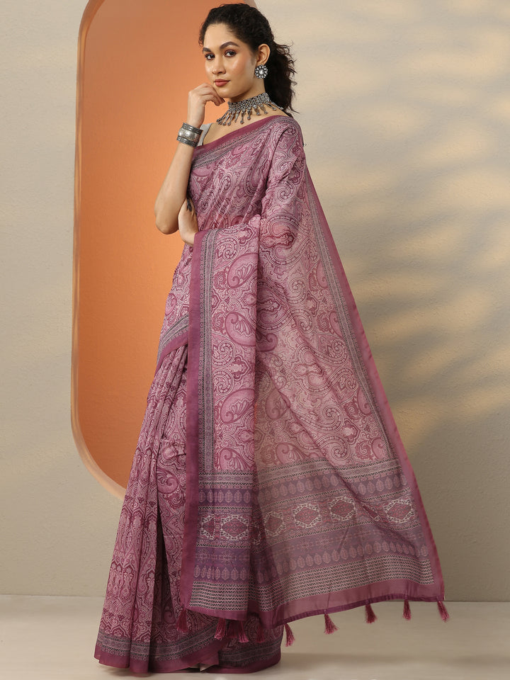 Pink Printed Silk Blend Saree With Unstitched Blouse Piece