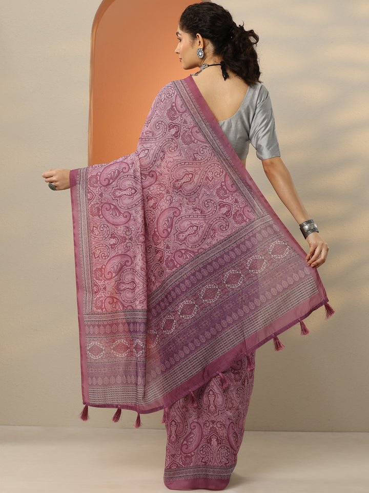 Pink Printed Silk Blend Saree With Unstitched Blouse Piece