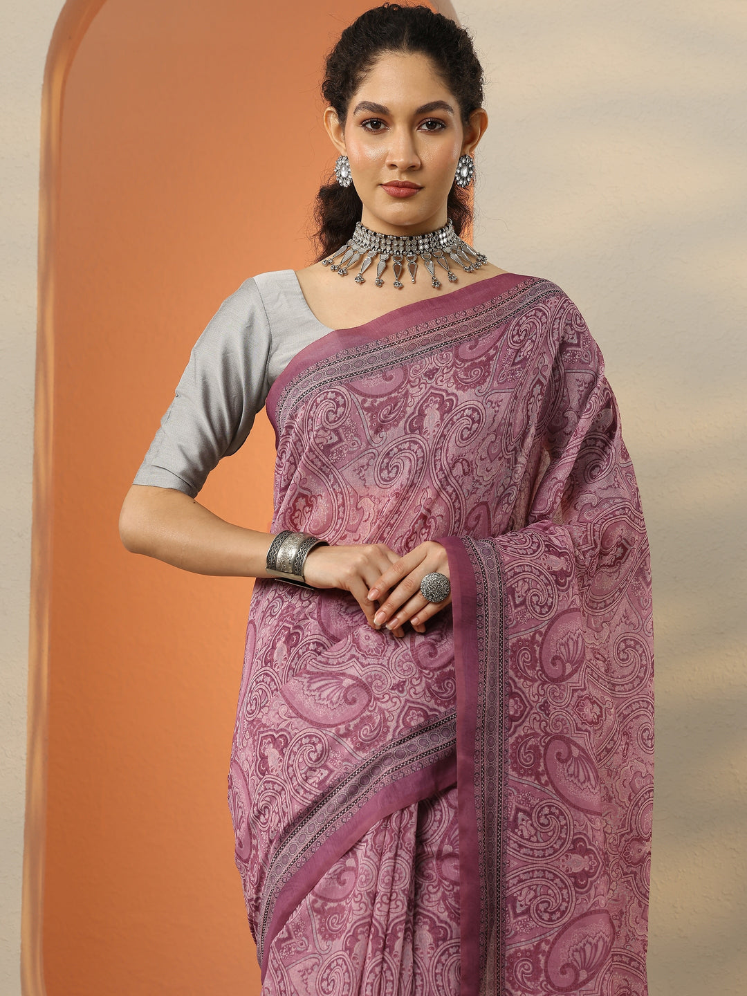 Pink Printed Silk Blend Saree With Unstitched Blouse Piece