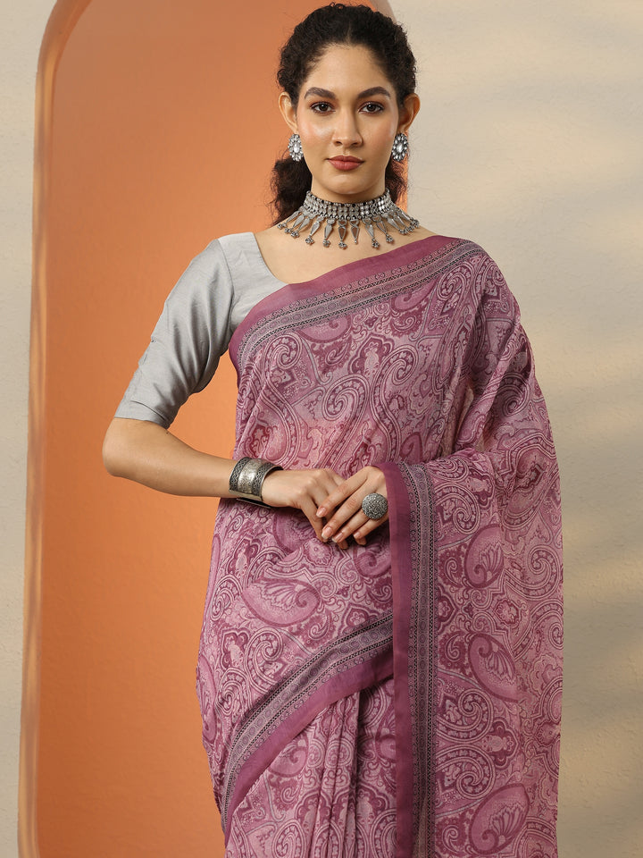 Pink Printed Silk Blend Saree With Unstitched Blouse Piece