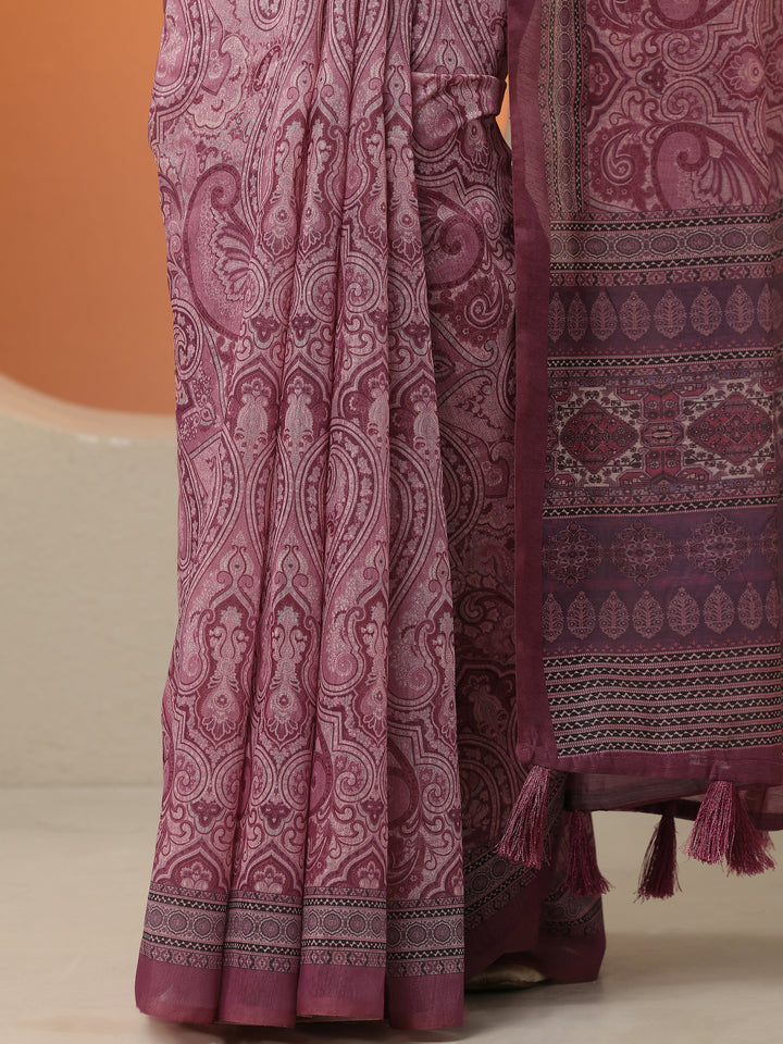 Pink Printed Silk Blend Saree With Unstitched Blouse Piece