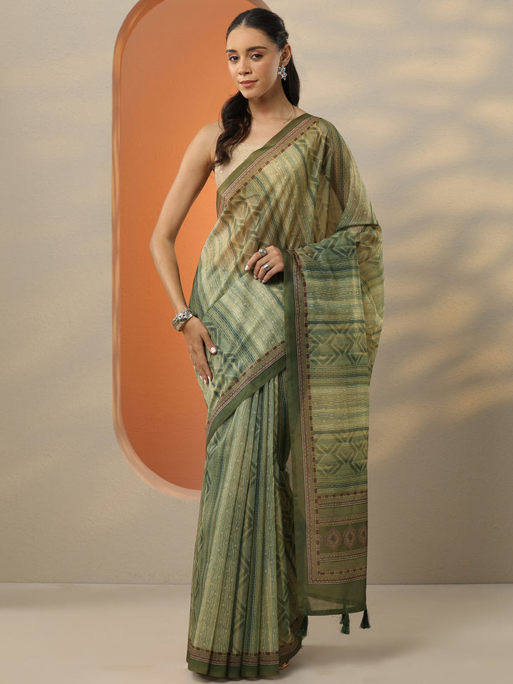 Green Printed Silk Blend Saree With Unstitched Blouse Piece