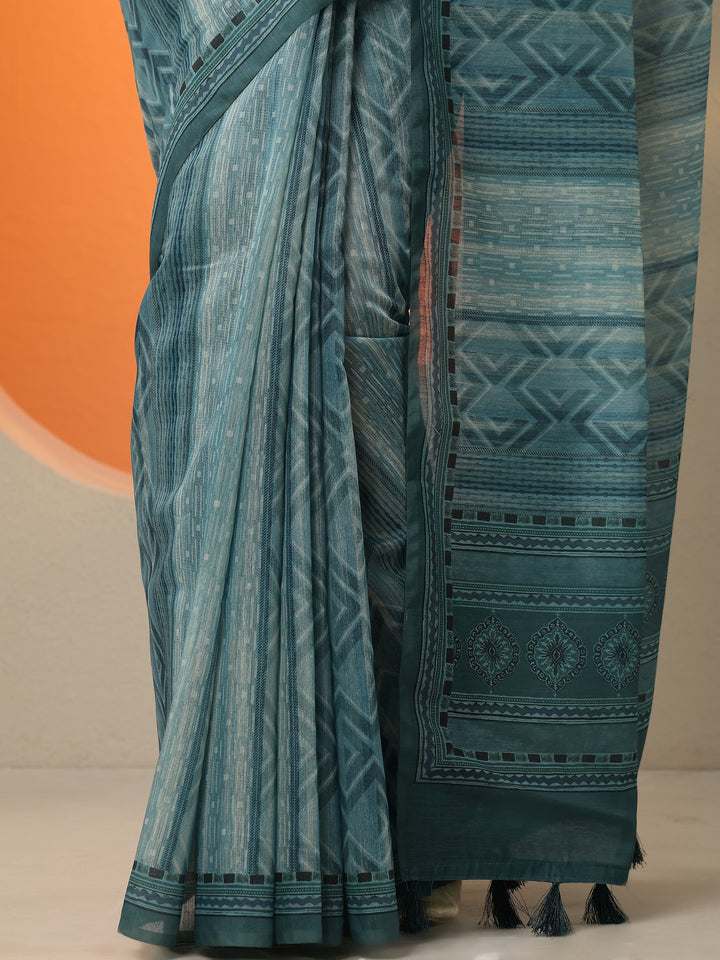 Green Printed Silk Blend Saree With Unstitched Blouse Piece