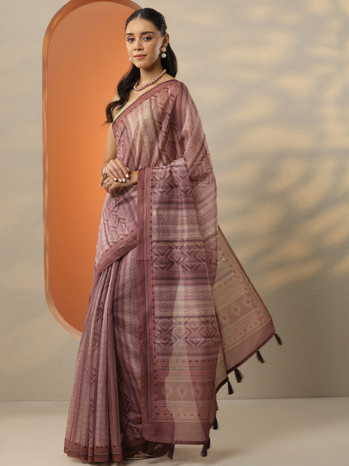 Peach Printed Silk Blend Saree With Unstitched Blouse Piece