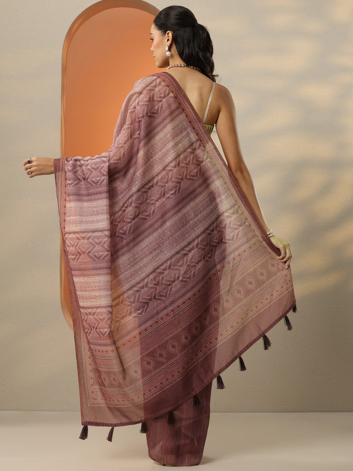 Peach Printed Silk Blend Saree With Unstitched Blouse Piece