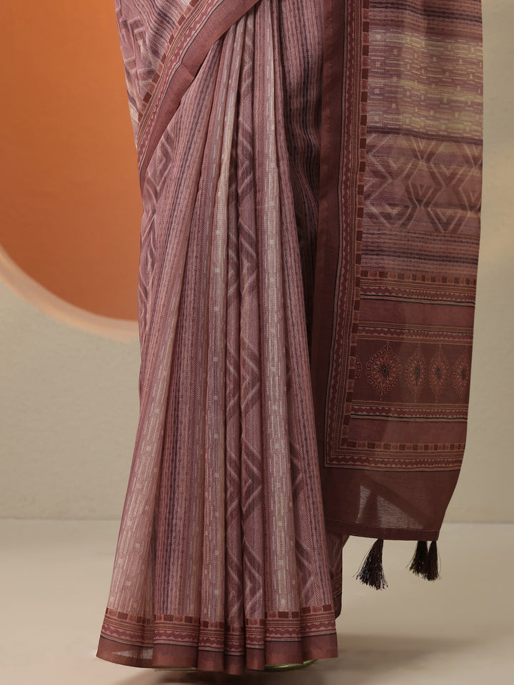 Peach Printed Silk Blend Saree With Unstitched Blouse Piece