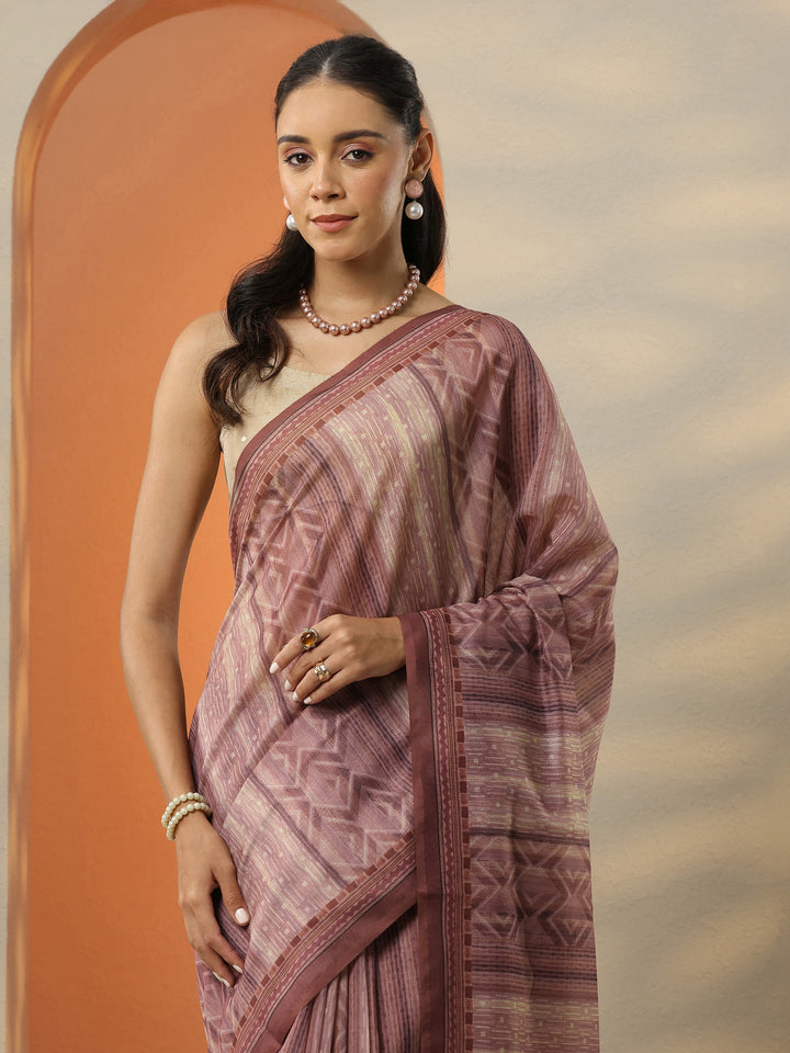 Peach Printed Silk Blend Saree With Unstitched Blouse Piece
