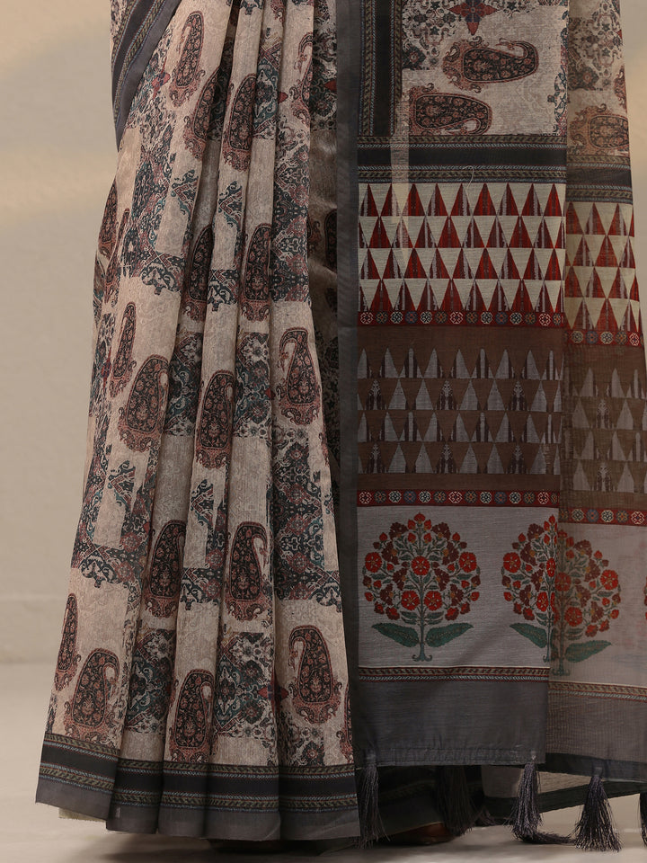 Black Printed Silk Blend Saree With Unstitched Blouse Piece