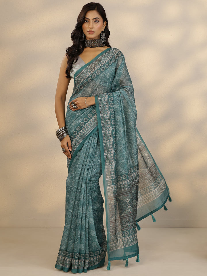 Green Printed Silk Blend Saree With Unstitched Blouse Piece