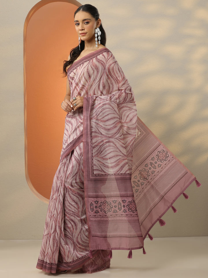 Peach Printed Silk Blend Saree With Unstitched Blouse Piece