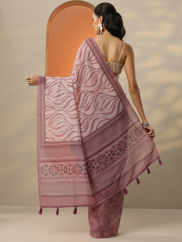 Peach Printed Silk Blend Saree With Unstitched Blouse Piece