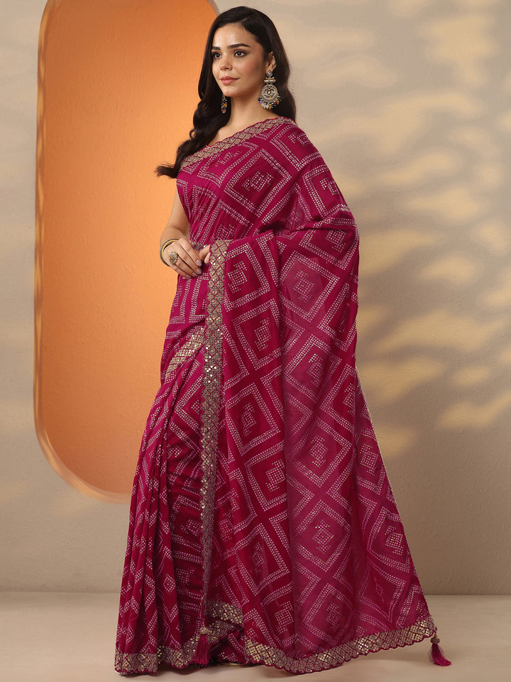 Pink Bandhani Printed Silk Blend Saree With Unstitched Blouse Piece