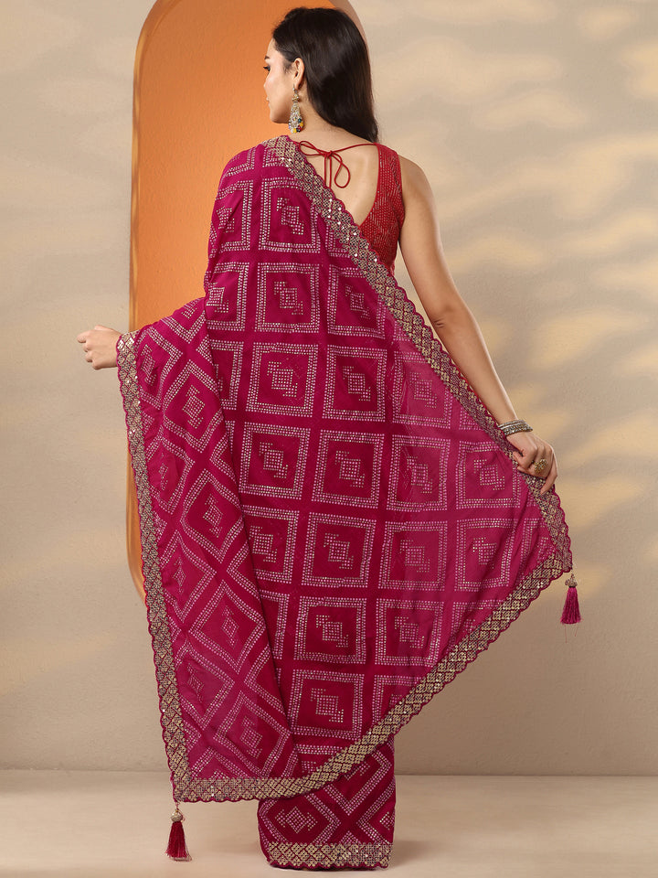 Pink Bandhani Printed Silk Blend Saree With Unstitched Blouse Piece