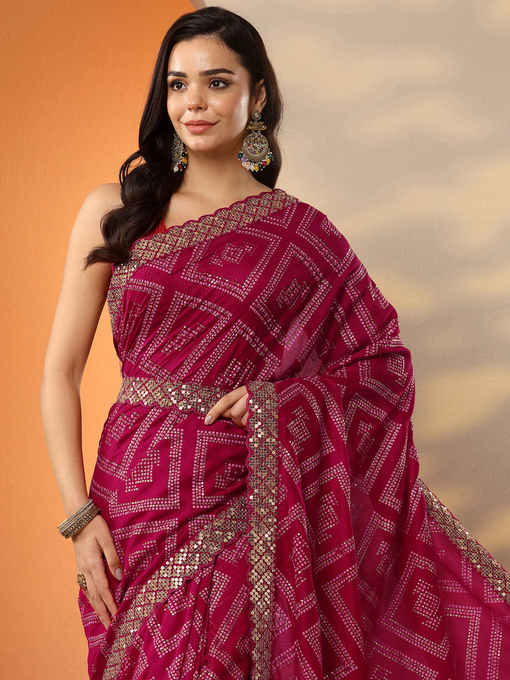 Pink Bandhani Printed Silk Blend Saree With Unstitched Blouse Piece