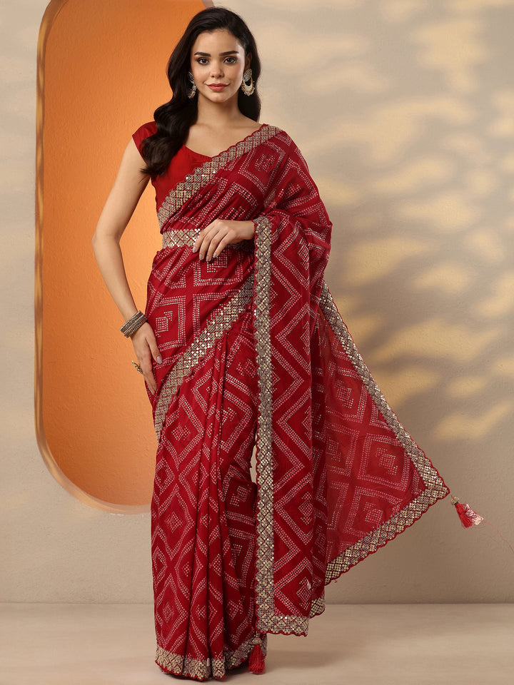 Red Bandhani Printed Silk Blend Saree With Unstitched Blouse Piece