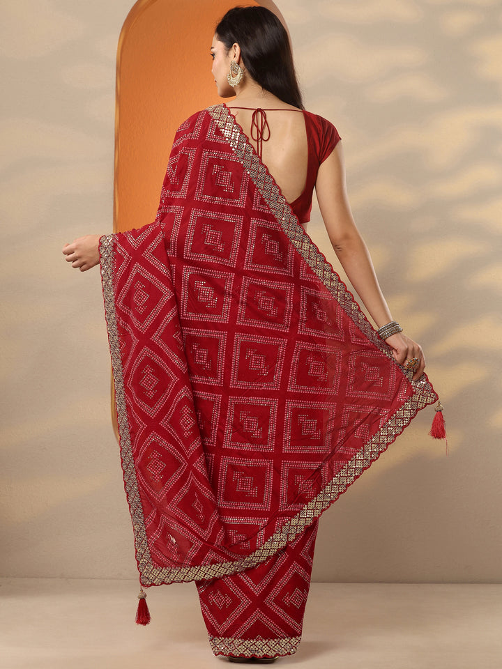 Red Bandhani Printed Silk Blend Saree With Unstitched Blouse Piece
