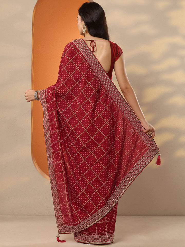 Red Bandhani Printed Silk Blend Saree With Unstitched Blouse Piece