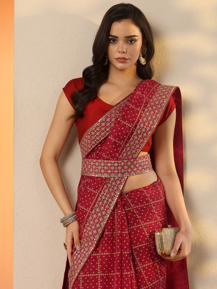 Red Bandhani Printed Silk Blend Saree With Unstitched Blouse Piece