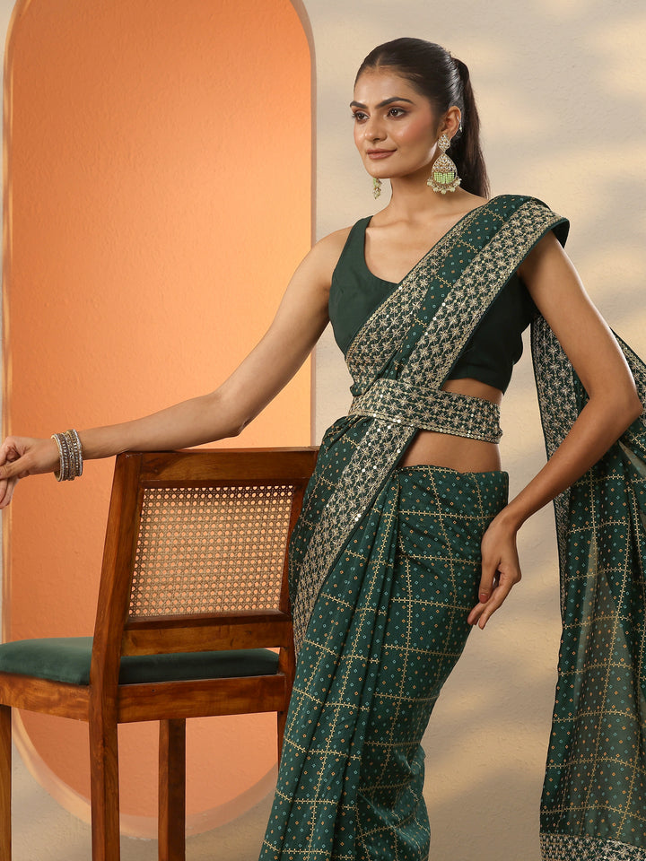 Green Bandhani Printed Silk Blend Saree With Unstitched Blouse Piece